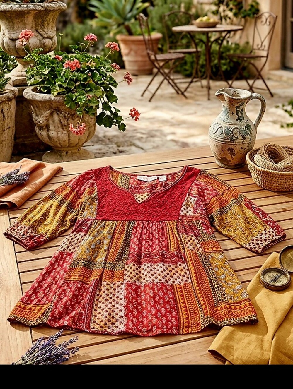 Girls' Boho Patchwork Tunic Top - Pink & Mustard